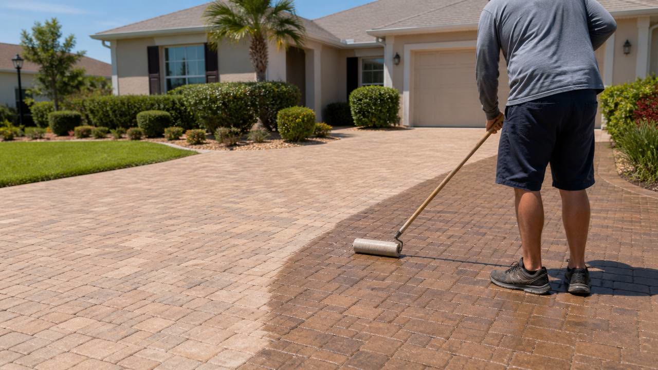 Paver sealing being applied to a driveway in The Villages